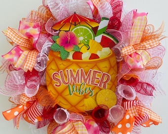 Corona de verano, Corona de verano Aloha, Paraguas de bebida de coco, Flor de hibisco, Limones, Rodaja de naranja