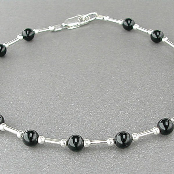 Black Onyx Bracelet with Sterling Silver Spacers, Small - Large Size Bracelet, Gemstone Bracelet, Black Onyx Jewelry