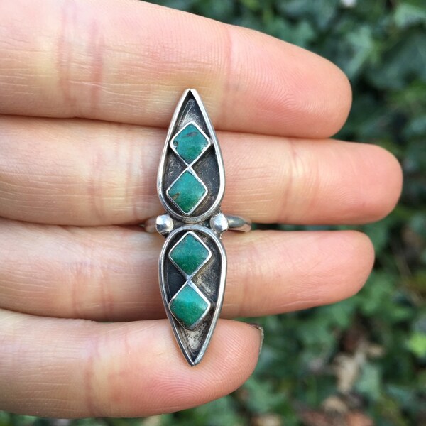 Vintage Zuni sterling silver & turquoise pinky ring size 4 5 long Native American handmade Navajo antique southwestern gypsy boho square