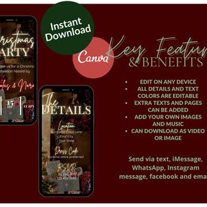 May include: A digital invitation for a Christmas party hosted by Nicholas & Nora. The invitation is designed in a red and green colour scheme with a festive Christmas tree and presents. The invitation includes the date, time, and location of the party. The invitation also includes a dress code and RSVP information. The invitation is editable and can be downloaded as a video or image.