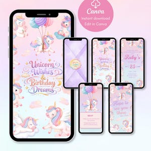 Op de afbeelding: Een digitaal ontwerp met verjaardagsuitnodigingen en telefoonachtergronden met eenhoornthema. Het ontwerp bevat eenhoorns, ballonnen en de tekst "Unicorn Wishes & Birthday Dreams". Het Canva-logo is ook zichtbaar.