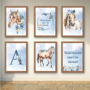 Seven horses wall art, horse nursery decor, watercolor pony monogram letters A-Z, extra large horse wall art print, digital download