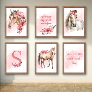 Horse wall art for girl nursery, watercolor pictures print set, floral alphabet monogram poster, extra large bedroom decor download