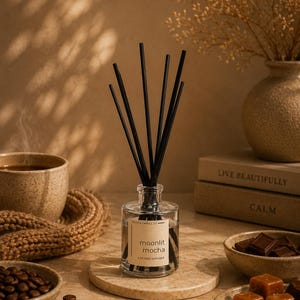 May include: A clear glass reed diffuser bottle with a beige label reading moonlit mocha 4 oz reed diffuser. The bottle contains liquid and several thin black reeds extending upward. The label features black text on a rectangular beige background.