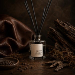 Może przedstawiać: Przezroczysta szklana butelka dyfuzora z czarnymi patyczkami, z etykietą o treści "AELICA CANDLE CO. spiced whisper 4 OZ REED DIFFUSER". Butelka wypełniona jest przezroczystym płynem i umieszczona pośród ciemnobrązowej skóry oraz kawałków drewna.