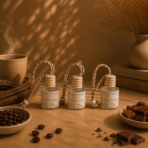 May include: Three small clear glass car air freshener bottles with wooden caps and braided rope hangers. Each bottle features a white label with the text 'ADELICA CANDLE CO' and 'moonlit mocha' above a botanical illustration of leaves and stems.
