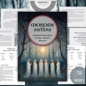 Könnte beinhalten: Ein Buchcover mit dem Titel „Mokosh and Sisters“ und dem Untertitel „Embracing Feminine Power and Nature with Slavic Witchcraft“. Das Cover zeigt sechs Frauen in weißen Gewändern in einer Waldszene. Zusätzliche Seiten mit Text und Illustrationen sind sichtbar.