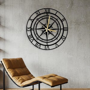 Compass Wall Clock, Nautical Metal Clock, Large Modern Porch Clock, Travel Theme Wall Decor, Coastal Gifts for Him, Coastal Wall Clock