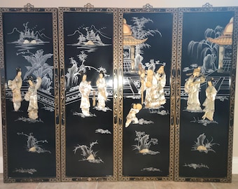 4 VINTAGE ORIENTALE arte murale cinese intagliata in madreperla