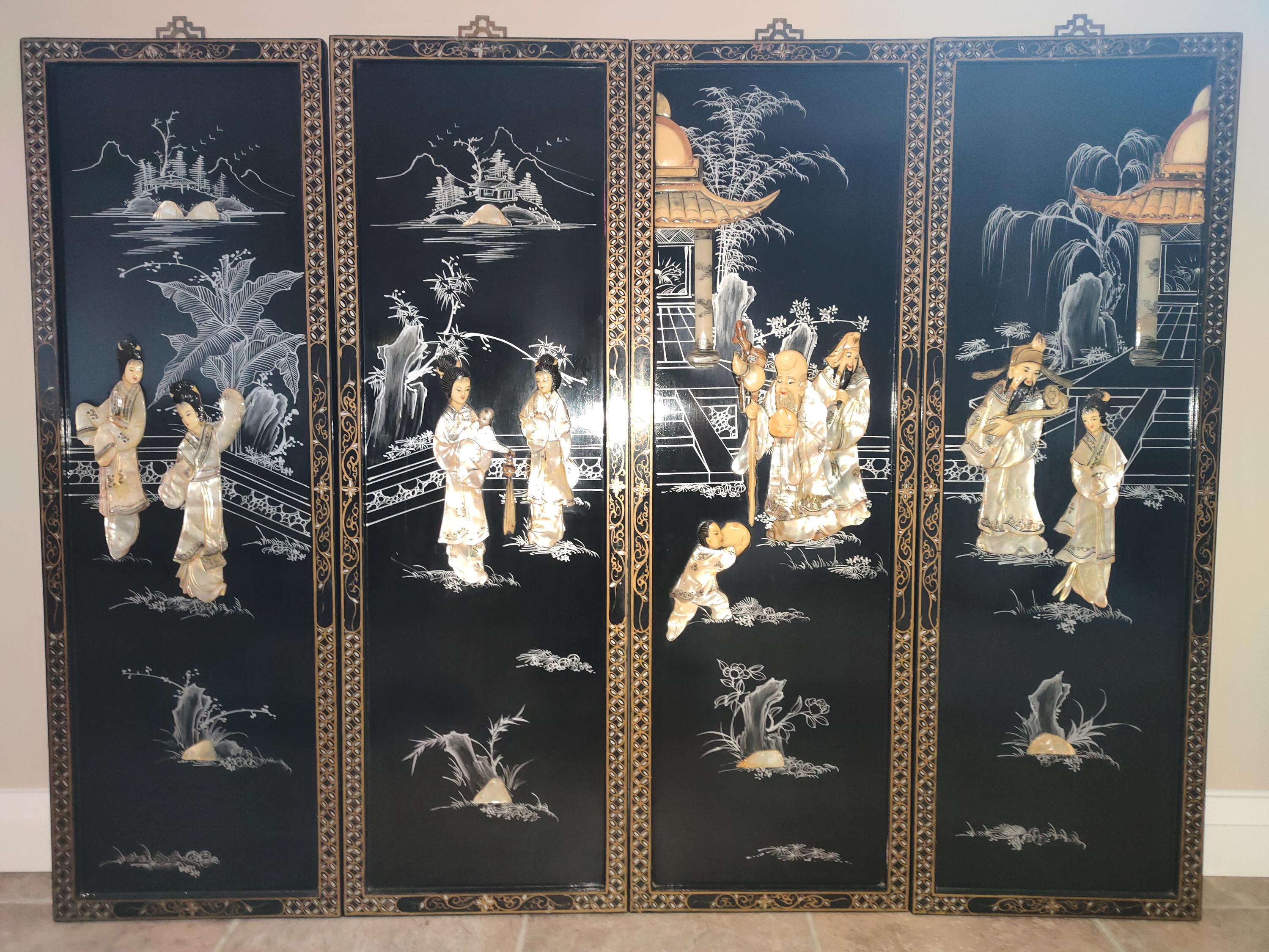 4 ORIENTAL VINTAGE Chinese Wall Art Carved Mother of Pearl - Etsy