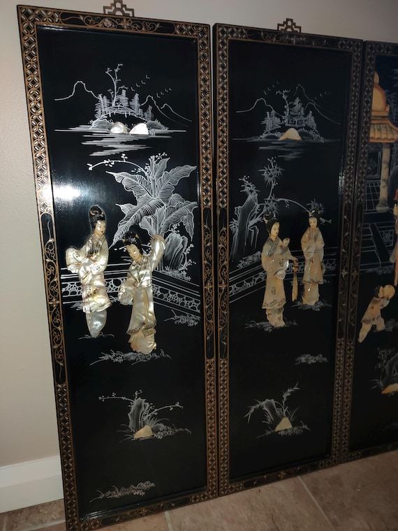 4 ORIENTAL VINTAGE Chinese Wall Art Carved Mother of Pearl - Etsy
