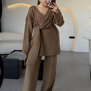 Brown Two Piece  Knitwear Matching Set Knit Loungewear Set Knitwear Knitted Suit Lounge Set Women&#39;s Warm Cozy Knit Suit Knitwear Suit, Set