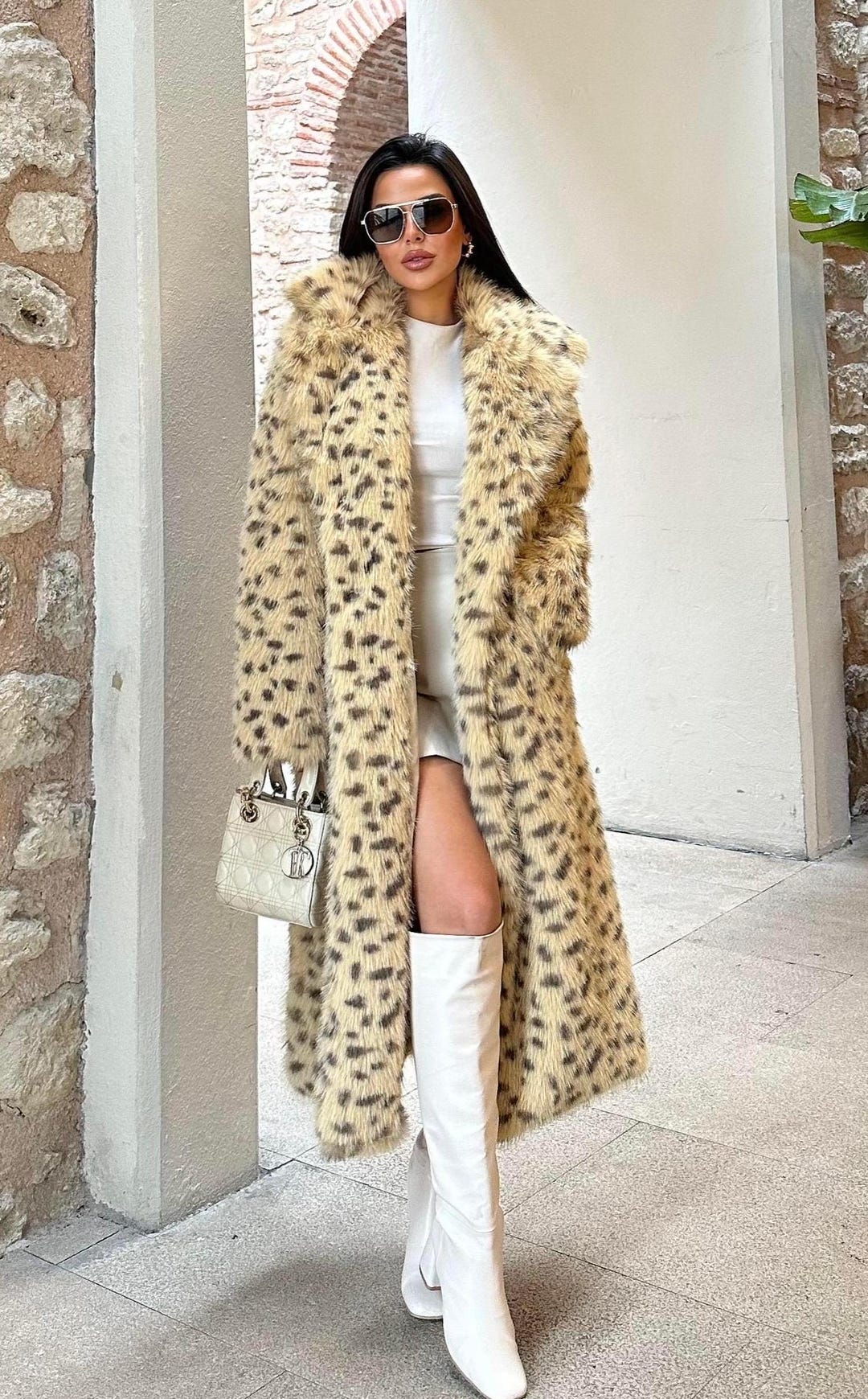 ジャケット・アウター vintage leopard design far long coat DeHolifer Womens Winter Coats Leopard Print Fleece Cardigan