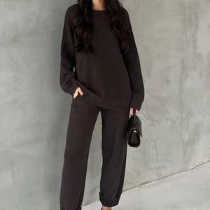 Brown Two Piece  Knitwear Matching Set Knit Loungewear Set Knitwear Knitted Suit Lounge Set Women&#39;s Warm Cozy Knit Suit Knitwear Suit, Set