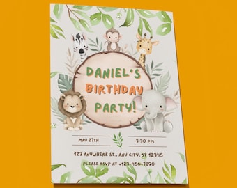 Jungle Geburtstagseinladung Dschungel Tiere Geburtstagsparty Einladung Safari Abenteuer Druckbare Bearbeitbare Geburtstagseinladung
