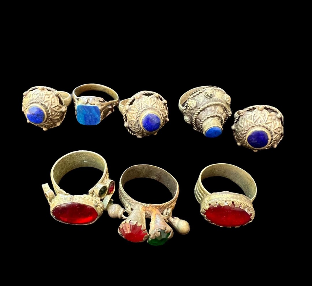 8 Vintage Afghan Kuchi Rings With Lapis Lazuli and Red Glass. - Etsy