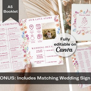 May include: A wedding booklet with a floral design. The booklet includes a Hindu ceremony schedule, a wedding timeline, and a photo list. The booklet is fully editable on Canva. The text on the booklet reads "Priya & Ashish".