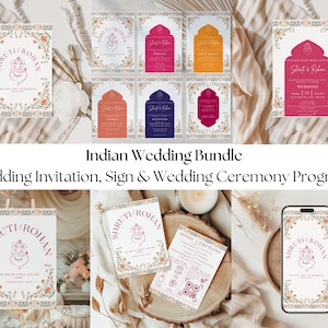 Pacote de modelos de convites para casamento indiano, convites para casamento hindu com inserções, placa para casamento hindu, programa de cerimônia de casamento hindu incluído