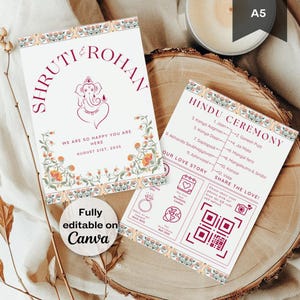 Puede incluir: Una invitación de boda con un diseño floral y los nombres "Shruti & Rohan" en una fuente color burdeos. La invitación incluye la fecha "August 21st, 2025" y el texto "We are so happy you are here". La invitación también incluye un programa de ceremonia hindú con el texto "Hindu Ceremony" y un código QR con el texto "Share the Love!"