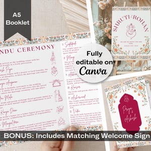 インドの結婚式プログラムとボーナスウェルカムサイン、ヒンドゥー教のムガルテーマの儀式の順序の小冊子テンプレート、グジャラート語の編集可能なガイド、印刷可能