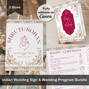 May include: A printable Indian wedding sign and program bundle. The sign features a floral design with the names "Shruti & Rohan" and a Ganesha image. The program includes a list of Hindu ceremony events with illustrations.