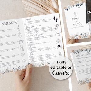 May include: A printable A5 booklet with a floral design and the text "Priya & Ashish" in a script font. The booklet includes a guide to a Hindu wedding ceremony with illustrations and descriptions of each step. The booklet also includes a section for wedding details.