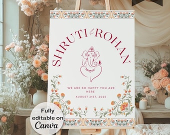 Hindu Wedding Welcome Sign Template, Indian & Hindu Wedding, Classic Floral Theme,Customisable Matching Wedding Program and Invitation