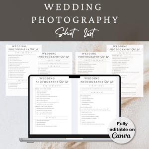 Puede incluir: Una lista de verificación para la fotografía de bodas en la pantalla de una computadora portátil. La lista de verificación está dividida en secciones para la pre-ceremonia, el primer vistazo, la ceremonia, la post-ceremonie, la recepción y los detalles. El texto "Totalmente editable en Canva" está en la parte inferior de la pantalla.