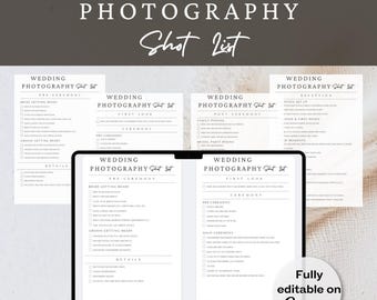 May include: A checklist for wedding photography on a laptop screen. The checklist is divided into sections for pre-ceremony, first look, ceremony, post-ceremony, reception, and details. The text "Fully editable on Canva" is at the bottom of the screen.