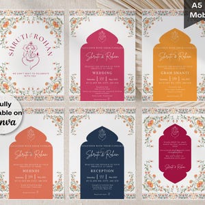 Modèle de lot de faire-part de mariage indien, classique moghol, 6 inserts, numérique et personnalisé, modifiable, hindou, Nikkah, punjabi, mehndi, réception