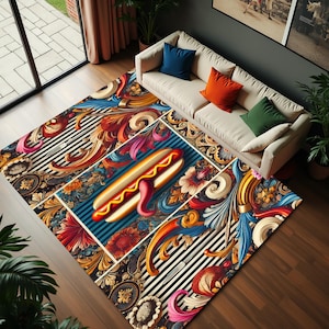 May include: A colorful area rug with a whimsical design featuring a hot dog, flowers, and intricate patterns. The rug has a black and white striped background with a blue, red, and yellow color scheme.