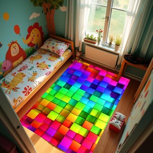 May include: A colourful rainbow rug with a 3D cube design. The rug is made of soft, durable material and is perfect for adding a pop of colour to any room.