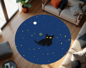 Starry Night Black Cat Round Rug, Celestial Nursery Decor Carpet