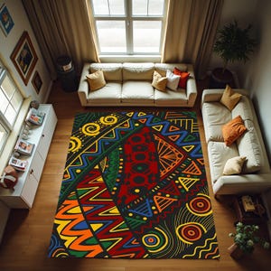May include: A rectangular area rug featuring a bold, multi-coloured geometric pattern on a black background. The design includes vibrant red, yellow, orange, blue, and green shapes, such as zigzags, spirals, circles, and triangles, arranged in a complex, abstract composition.