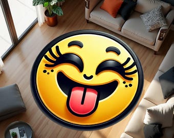 Tappeto con faccina sorridente, tappeto rotondo con emoji sorridente, tappeto divertente per dormitorio, tappeti rotondi con faccina felice, tappeto circolare alla moda per la decorazione della stanza, tappeto alla moda per la stanza dei giovani