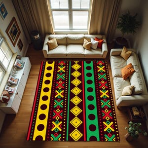 May include: A rectangular area rug featuring a repeating pattern of vertical stripes in yellow, green, and dark brown. The design includes rows of solid circles, diamond shapes, and intersecting cross motifs in vibrant yellow, green, and red colours.