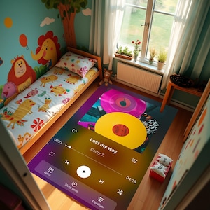 May include: A colourful rug with a music player design featuring two vinyl records, a play button, and the text "Lost my way" and "Cathy T."