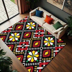 May include: A rectangular area rug featuring a repeating geometric pattern on a black background. The design includes yellow and white flower motifs, red diamond shapes, and white linear accents arranged in a grid, creating a vibrant visual display.