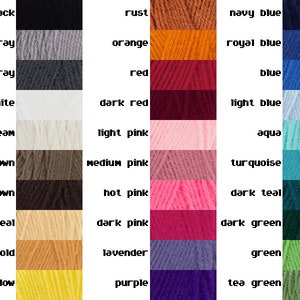 May include: A color chart of yarn with 30 different colors, including black, white, red, blue, green, yellow, orange, pink, brown, and gray.