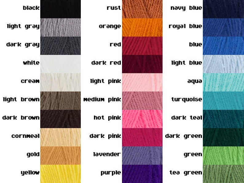 May include: A color chart of yarn with 30 different colors, including black, white, red, blue, green, yellow, orange, pink, brown, and gray.