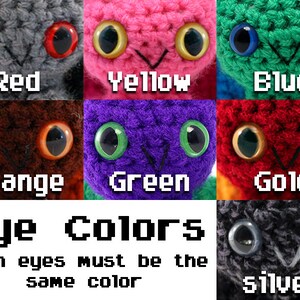 May include: A chart showing different eye colors for crocheted stuffed animals. The colors are red, yellow, blue, orange, green, gold, and silver.