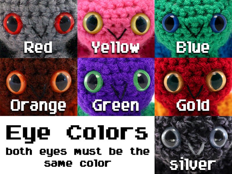 May include: A chart showing different eye colors for crocheted stuffed animals. The colors are red, yellow, blue, orange, green, gold, and silver.