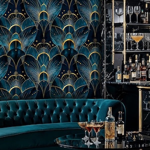 Geometric Art Deco Wallpaper, Abstract Peel and Stick Wallpaper, Vintage Wallpaper, Fan Pattern Mural, Luxurious Gold and Deep Blue Mural