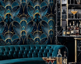 May include: A curved, teal blue velvet sofa with gold trim sits in a room with a black marble bar and a gold and black patterned wall. A gold and black glass coffee table with a twisted gold base sits in front of the sofa.