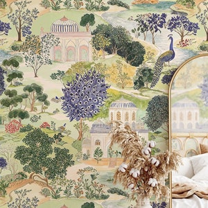 Lush Garden Wallpaper Mural, Painting Peacock Botanical Wallpaper, India Flower Botanical Peel and Stick Wallpaper, Beige Floral Wallpaper