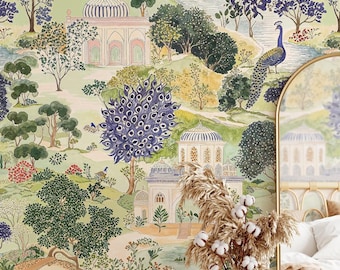 Peacock Garden Wallpaper Mural: India Botanical Peel and Stick