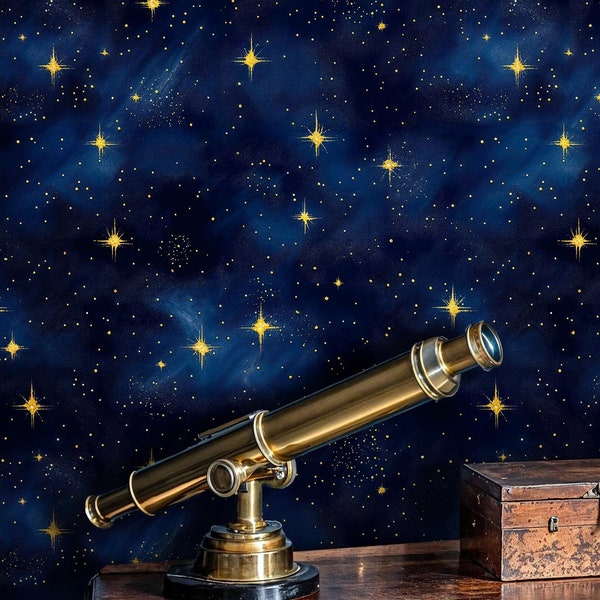 Starry Night Galaxy Wallpaper: Navy Blue & Gold Peel and Stick Mural