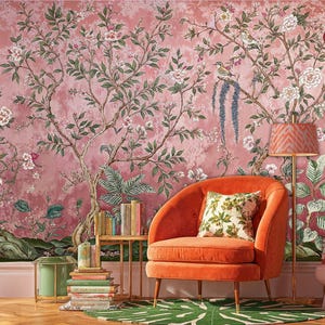 Pink Chinoiserie Peel and Stick Wallpaper, Birds with Blossom Tree Mural, Romantic Vintage Bird and Floral Wallpaper, Botanical Wall Mural