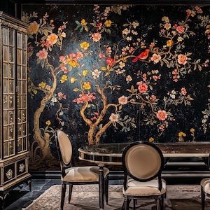 Dark Chinoiserie Peel and Stick Wallpaper, Birds with Trees Wallpaper, Dark Chinoiserie Floral Wallpaper, Flower Chinoiserie Wall Mural