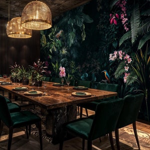 Dark Green Botanical Wallpaper, Tropical Rainforest Wall Mural, Exotic Jungle and Bird Peel and Stick Wallpaper Mural, Tropical Floral Mural